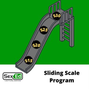 Image with Green & White Background and a slide showing dollar amounts. On the image is a title that says "Sliding Scale Program." 
